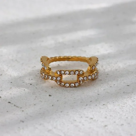 Chain Link Zircon‎ 18K Gold Plated Stainless Steel Ring Size 8 - Picture 8 of 12